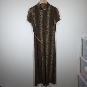 Vtg 90s Cheetah Leopard Bodycon Keyhole Maxi Dress Sparkle Stretch Mobwife 14